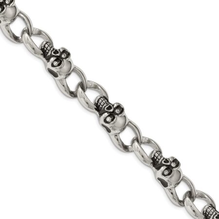 Stainless Steel Antiqued and Polished w/CZ Skulls 9in Bracelet