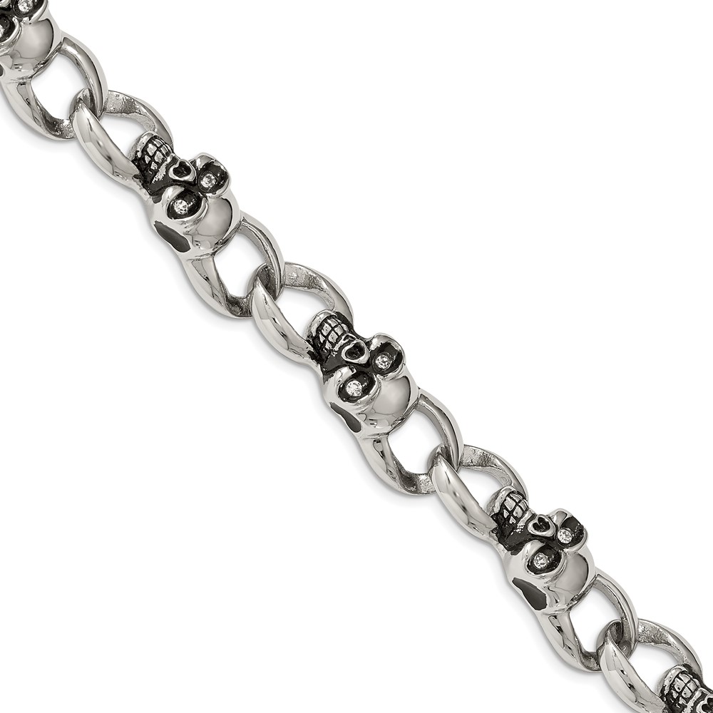 Stainless Steel Antiqued and Polished w/CZ Skulls 9in Bracelet