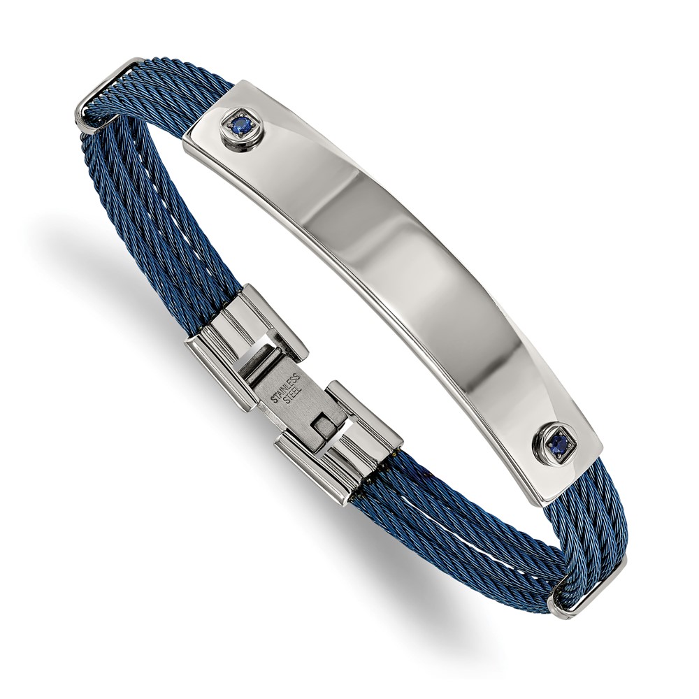 Stainless Steel Polished Blue IP-plated Cable Blue CZ 7.25in ID Bracelet
