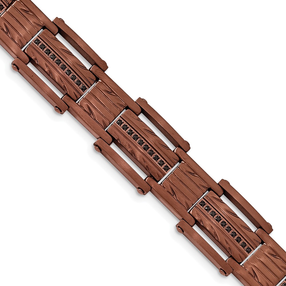 Stainless Steel Brushed and Textured Brown IP w/Black CZ 8.25in Bracelet