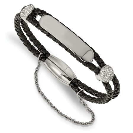 Stainless Steel 7 inch Polished Preciosa Crystal Braided Leather Bracelet