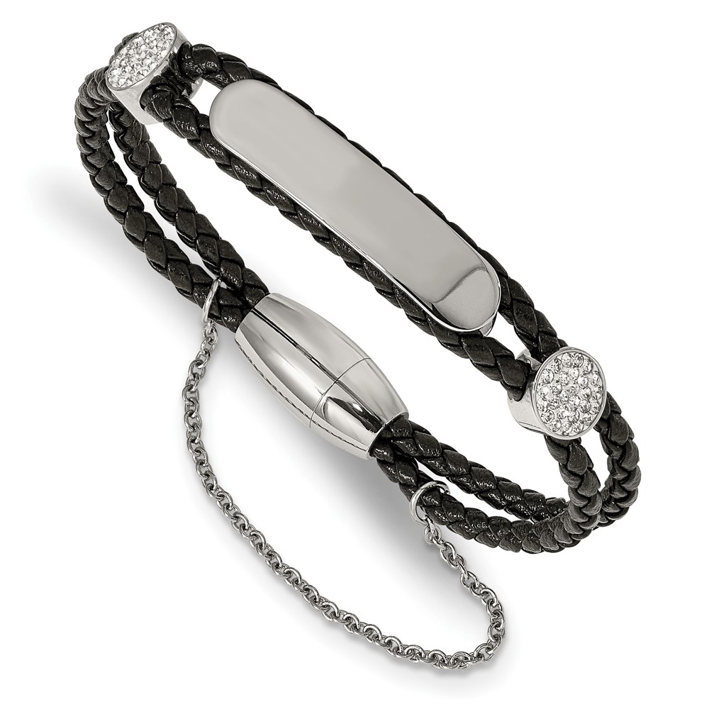 Stainless Steel 7 inch Polished Preciosa Crystal Braided Leather Bracelet