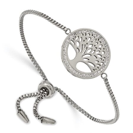 Stainless Steel Polished Preciosa Crystal Tree Adjustable Bracelet