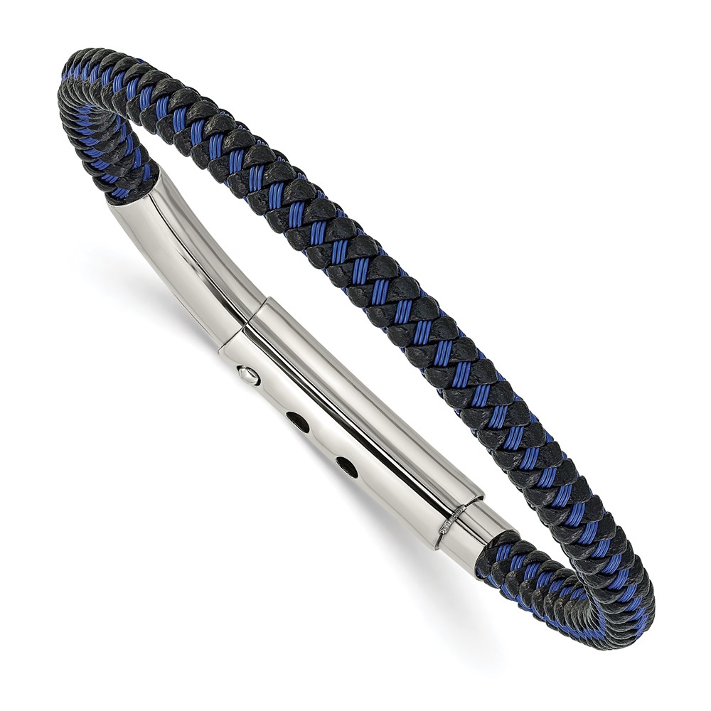 Stainless Steel Polished Blue Wire & Black PU Adjst 7.75 to 8.25in Bracelet
