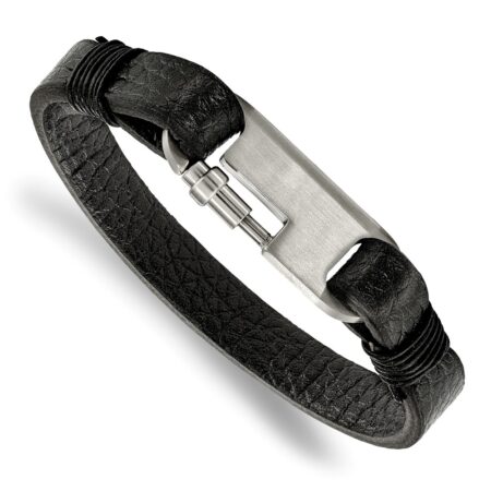 Stainless Steel Brushed Black Genuine Leather 8in Bracelet