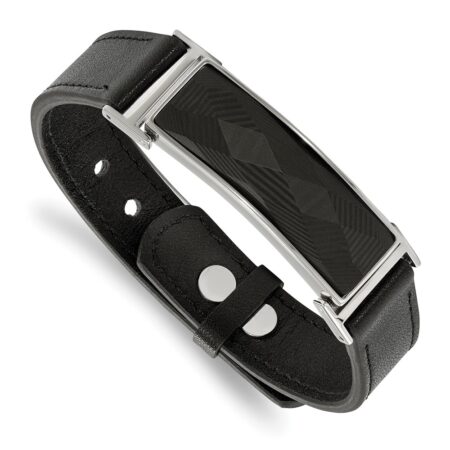 Stainless Steel Polished Leather w/Carbon Fiber Inlay Adj. 7-9.25in Bracele