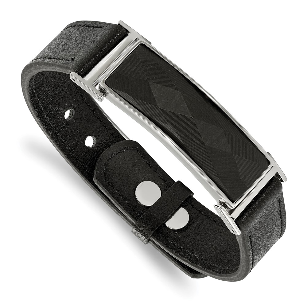 Stainless Steel Polished Leather w/Carbon Fiber Inlay Adj. 7-9.25in Bracele