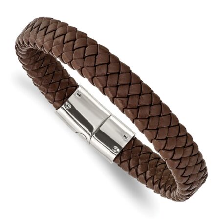 Stainless Steel Polished Braided Brown Leather 8.5in Bracelet
