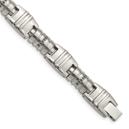 Stainless Steel Brushed and Polished with Black CZ 8.25in Bracelet