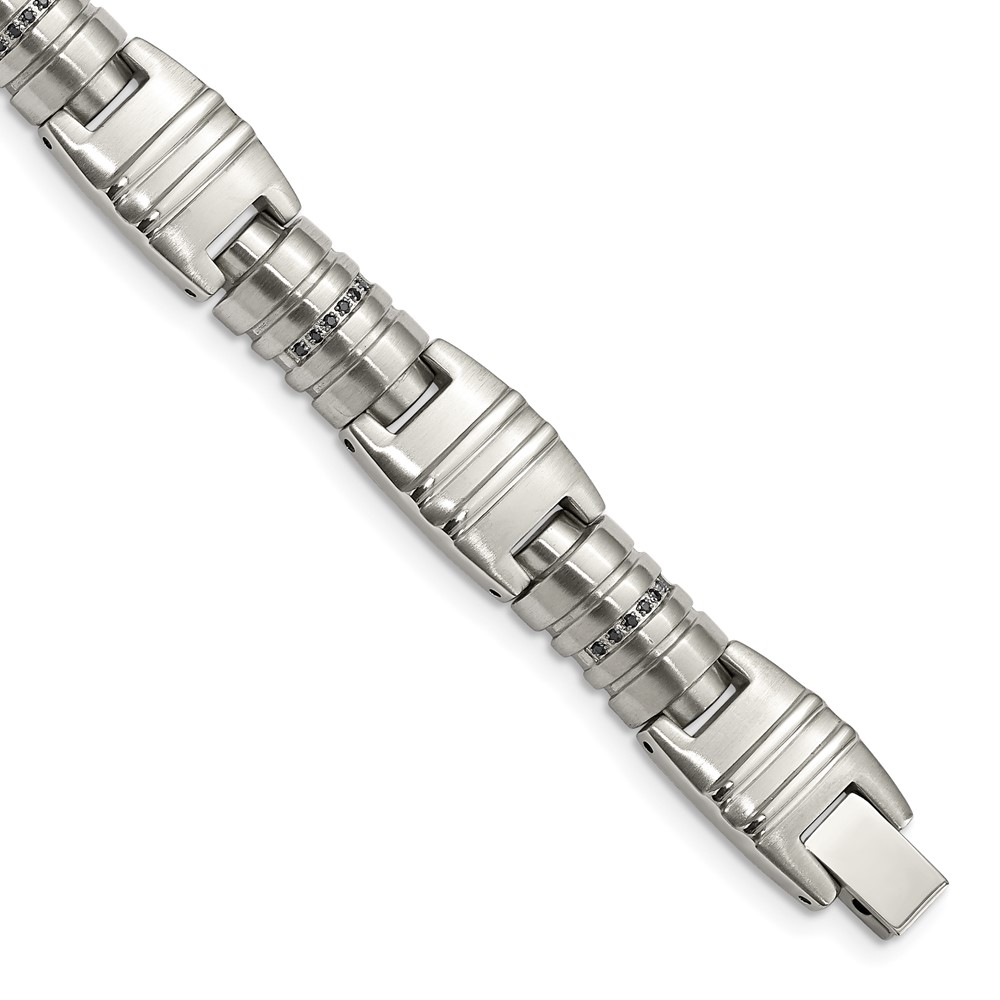 Stainless Steel Brushed and Polished with Black CZ 8.25in Bracelet