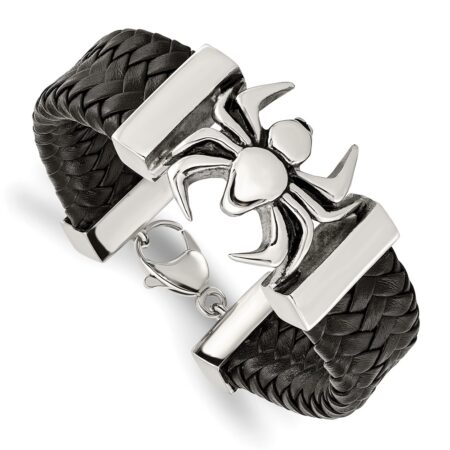 Stainless Steel Antiqued and Polished Spider Black Leather 8.5in Bracelet