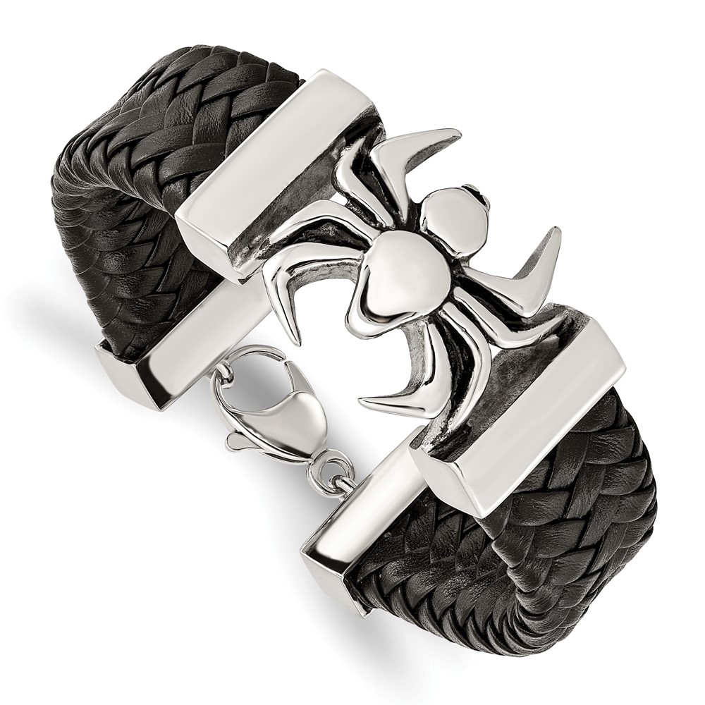 Stainless Steel Antiqued and Polished Spider Black Leather 8.5in Bracelet