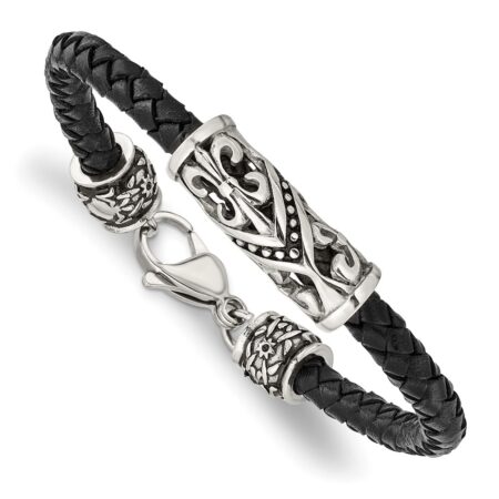 Stainless Steel Antiqued & Polished Fleur De Lis Black Leather Bracelet