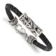Stainless Steel Antiqued & Polished Fleur De Lis Black Leather Bracelet