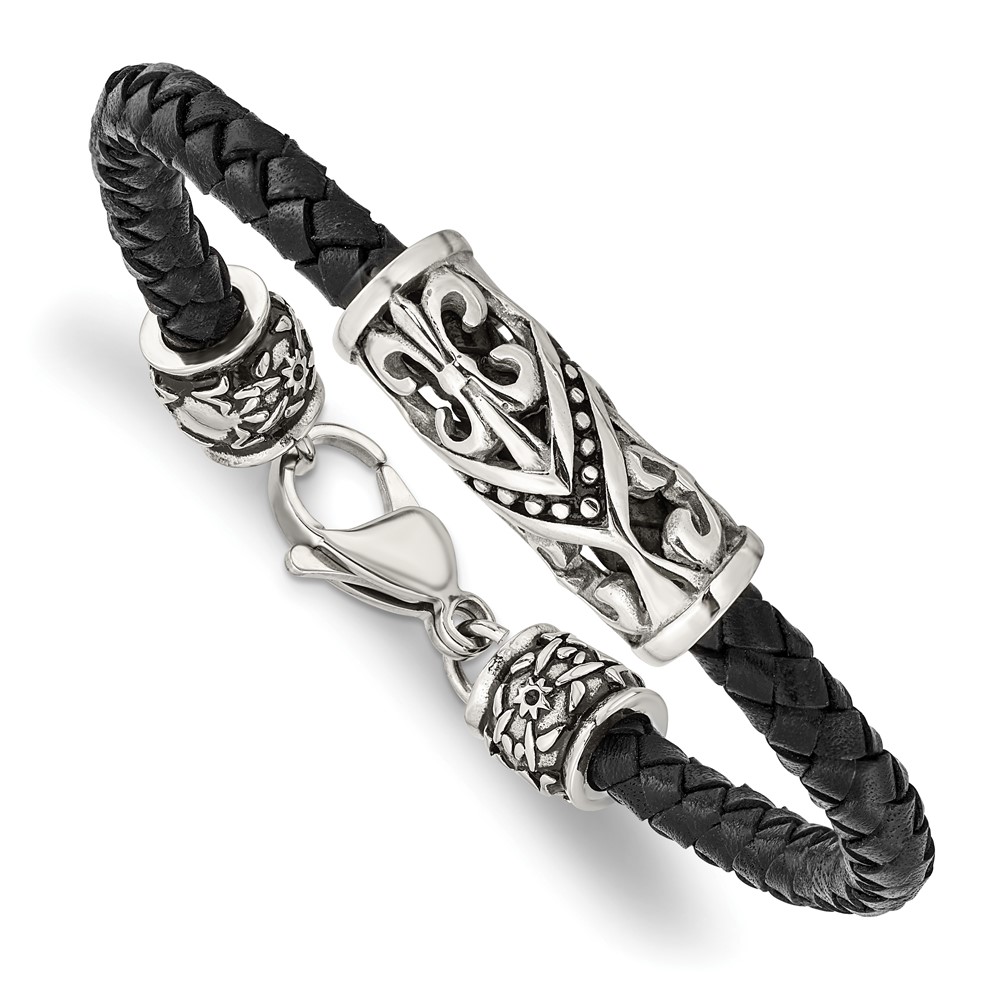 Stainless Steel Antiqued & Polished Fleur De Lis Black Leather Bracelet