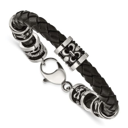 Stainless Steel Antiqued & Polished Fleur De Lis/Dragon Leather Bracelet