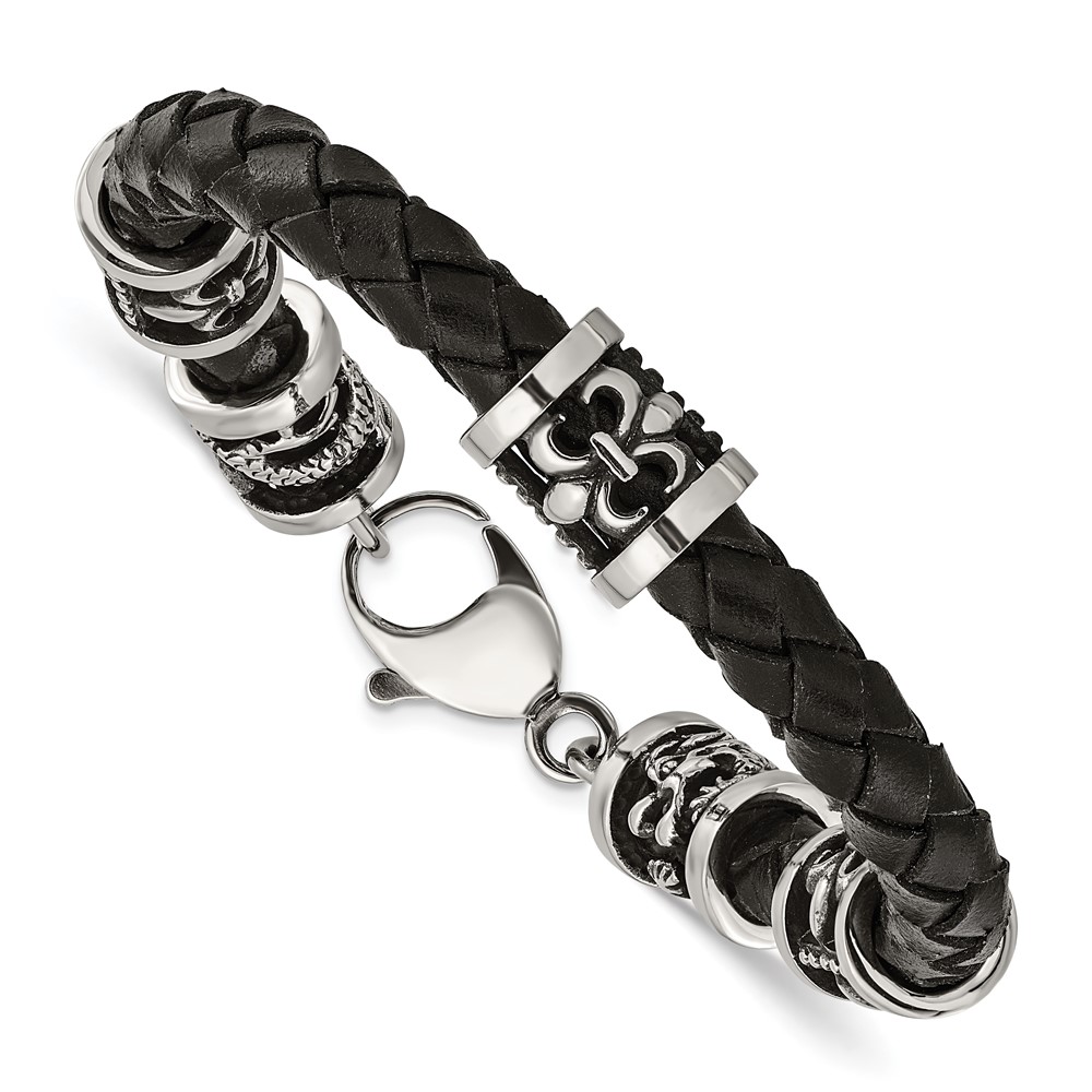 Stainless Steel Antiqued & Polished Fleur De Lis/Dragon Leather Bracelet