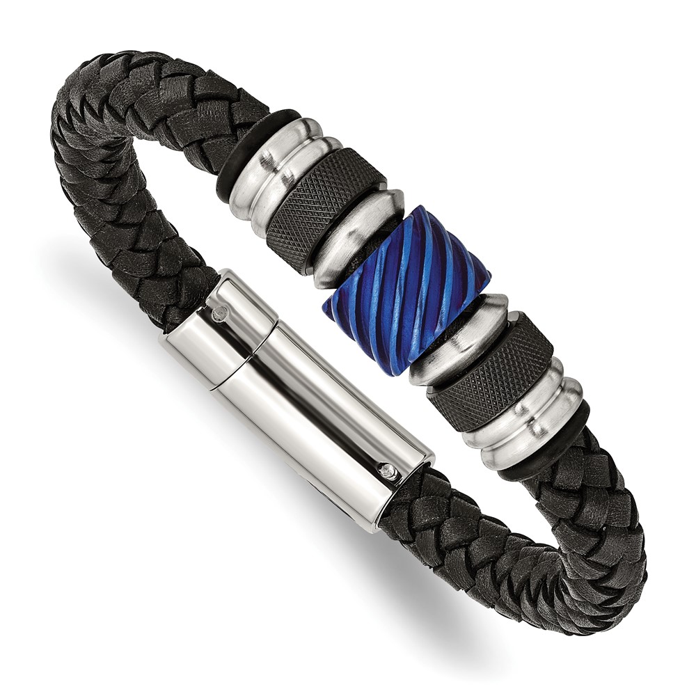 Stainless Steel Brushed & Polished Black/Blue IP Leather & Rubber Bracelet