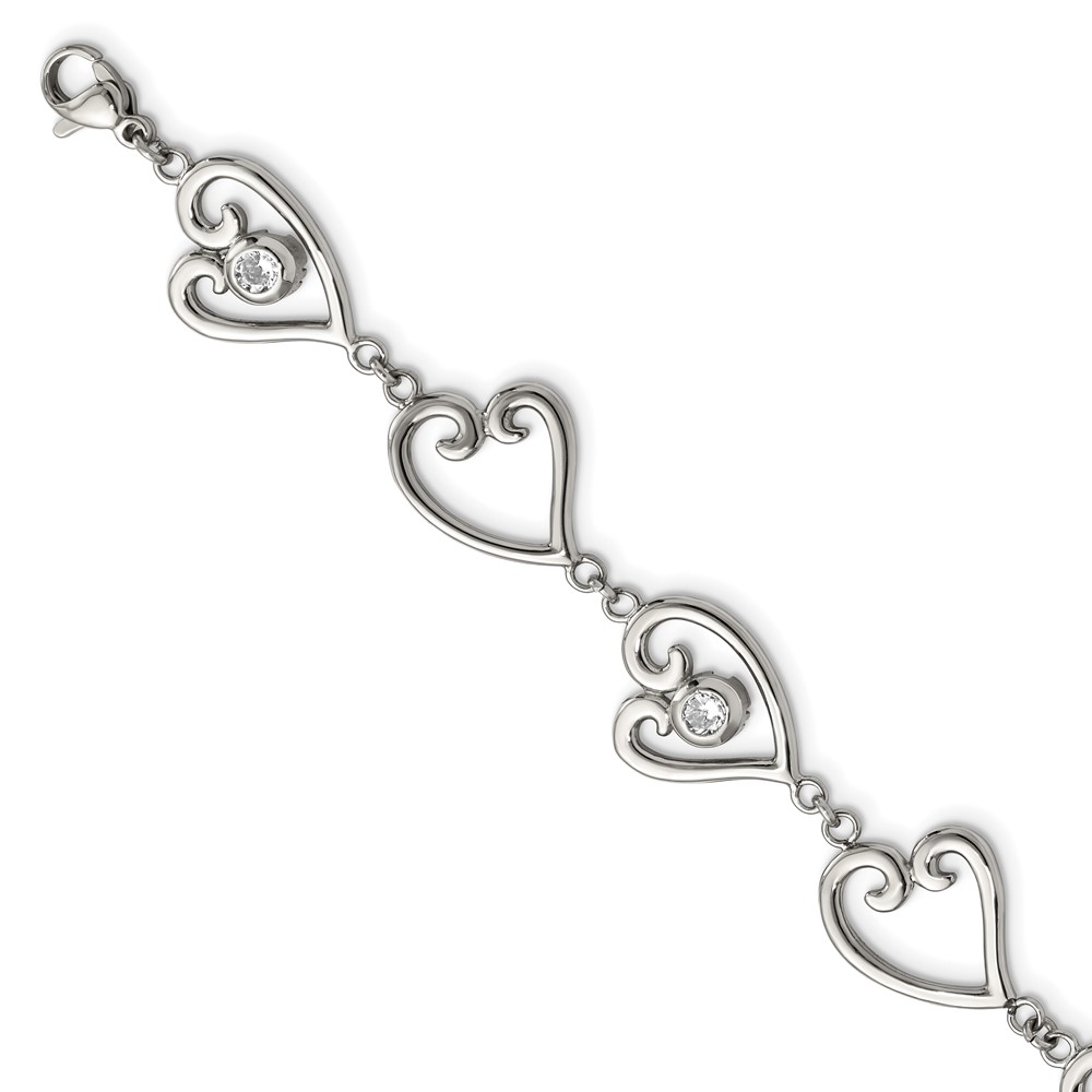 Stainless Steel Polished CZ Heart 7in w/1in ext. Bracelet