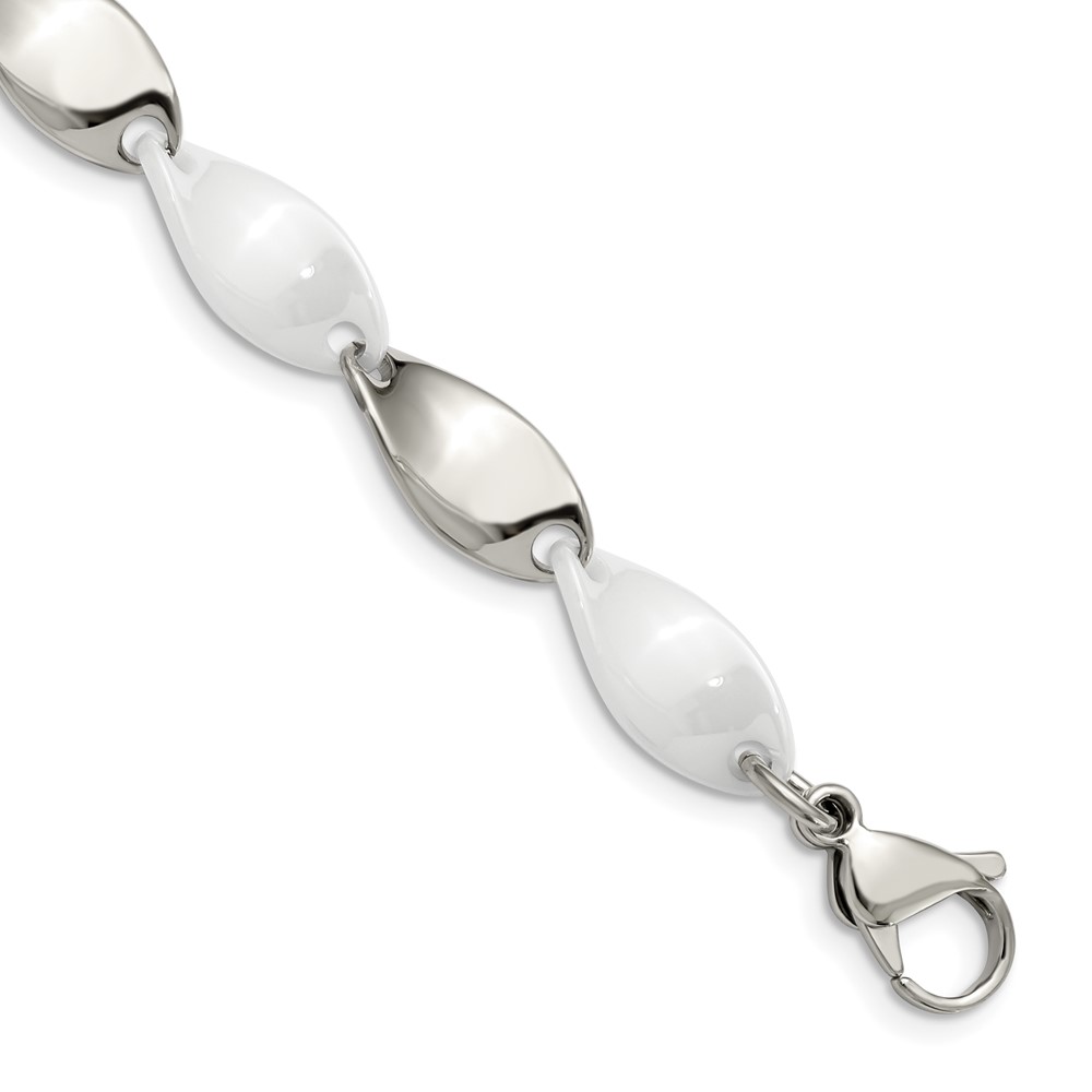 Stainless Steel Polished w/White Ceramic 7.75in Bracelet