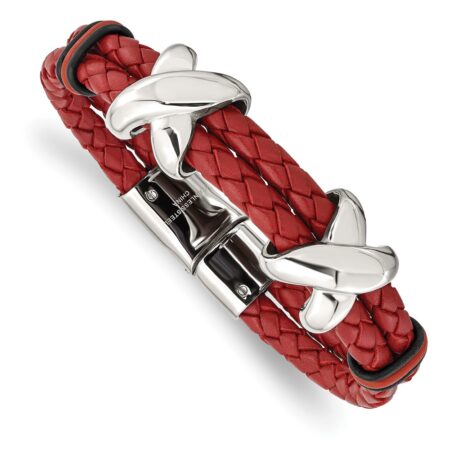 Stainless Steel Polished Red Leather and Rubber 8in Bracelet