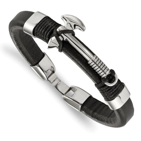 Stainless Steel Polished Black Leather Hatchet 8.5in Bracelet