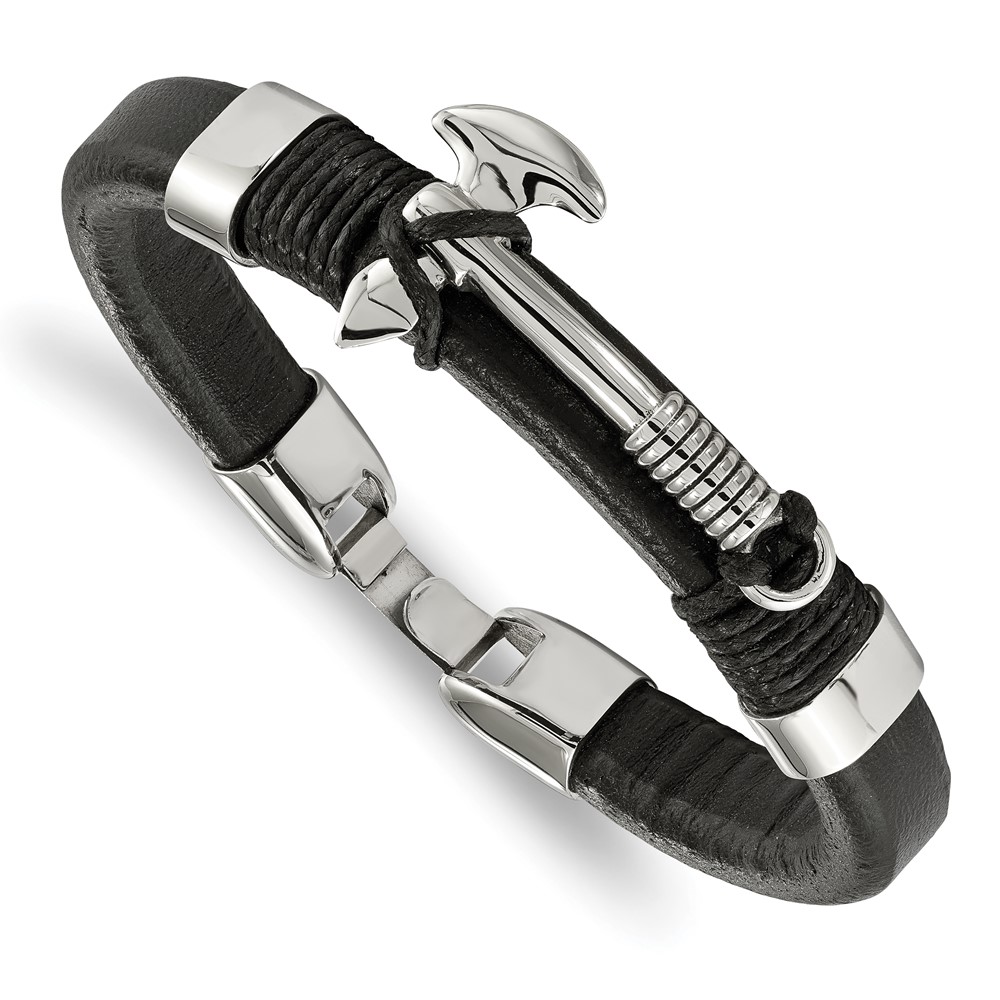 Stainless Steel Polished Black Leather Hatchet 8.5in Bracelet