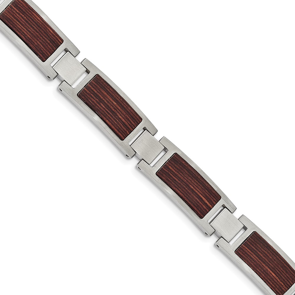 Stainless Steel Brushed with Wood Inlay 8.75in Bracelet