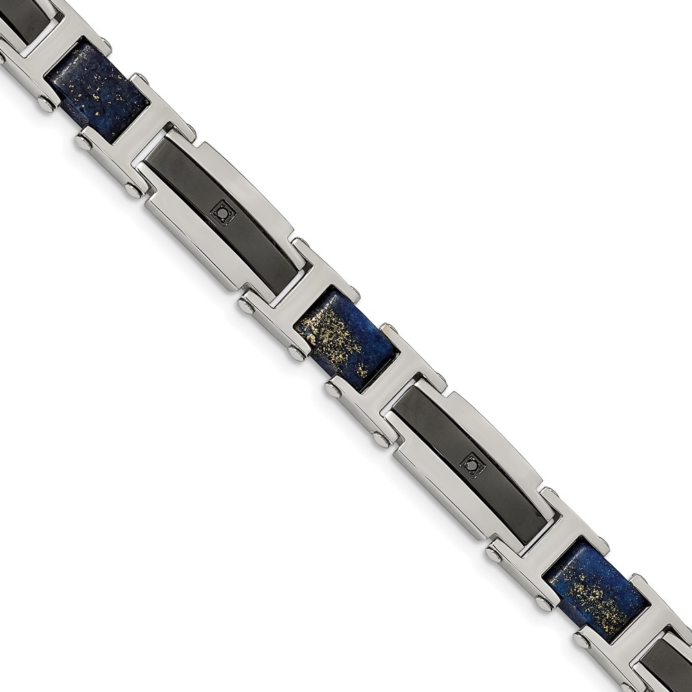 Stainless Steel Polished Black IP Genuine Lapis & Black CZ 8.75in Bracelet