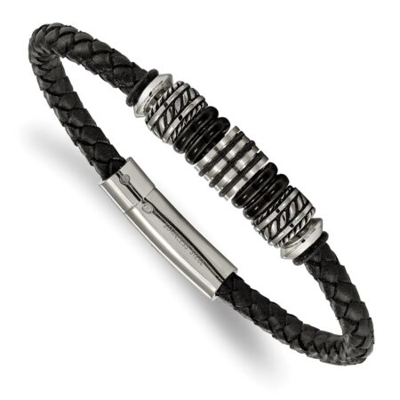 Stainless Steel Polished w/Black IP Bead Braided Black Leather Bracelet
