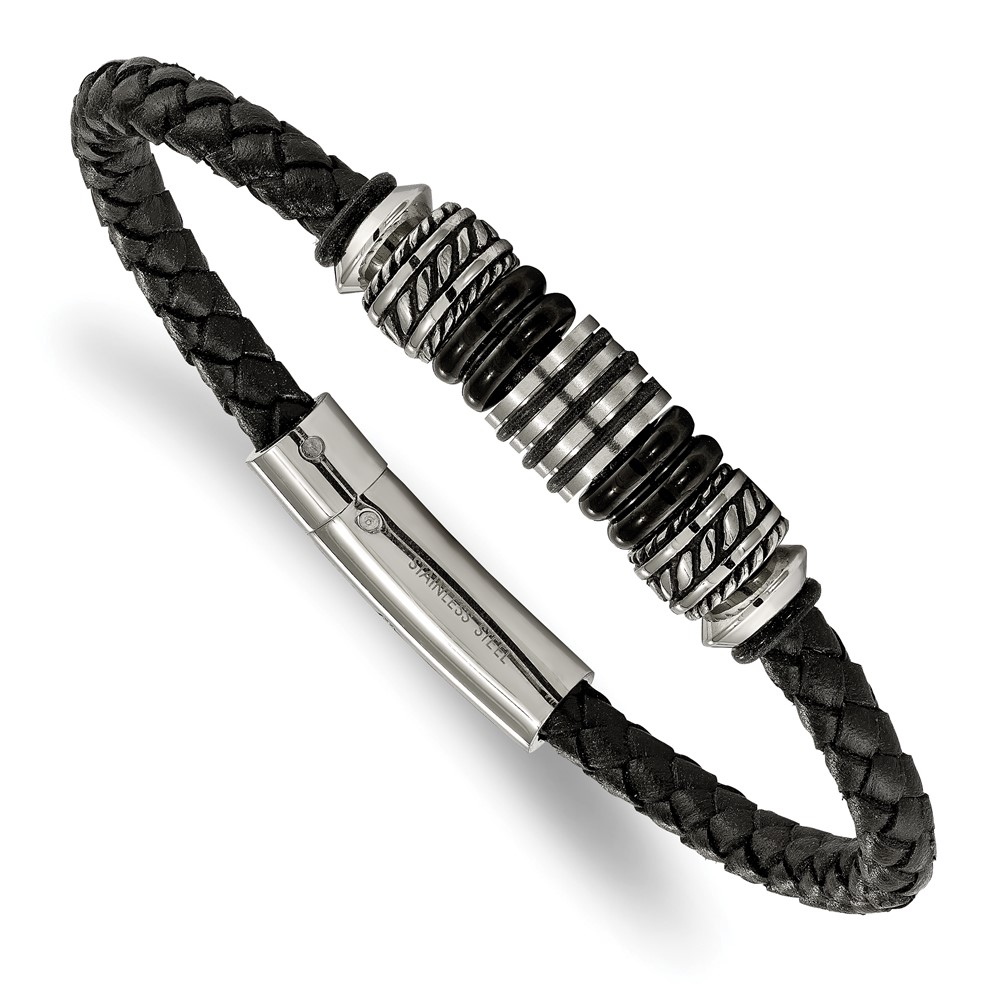 Stainless Steel Polished w/Black IP Bead Braided Black Leather Bracelet