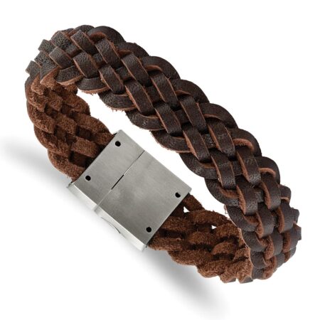 Stainless Steel Brushed Brown Leather Braided 8.5in Bracelet