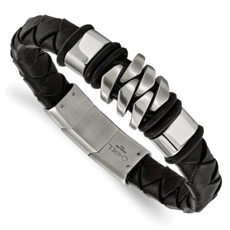Stainless Steel Brushed and Polished Black Leather w/.5in ext. Bracelet