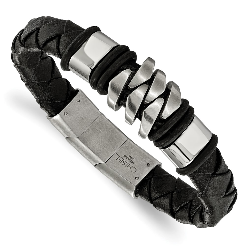 Stainless Steel Brushed and Polished Black Leather w/.5in ext. Bracelet