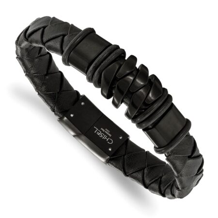 Stainless Steel Brushed Black IP-plated Black Leather 8.25in Bracelet