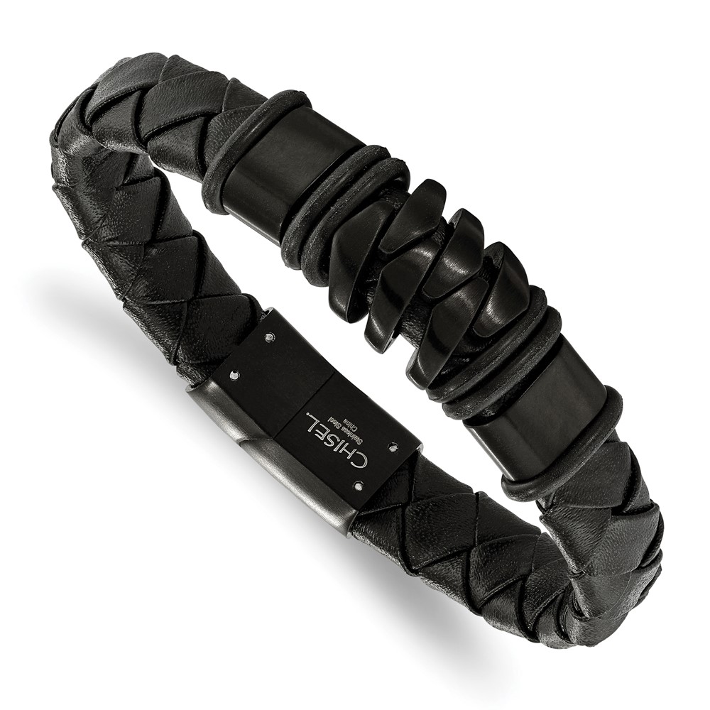 Stainless Steel Brushed Black IP-plated Black Leather 8.25in Bracelet