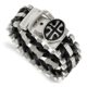 Stainless Steel Antiqued & Brushed Cross Black Leather Adj. Bracelet