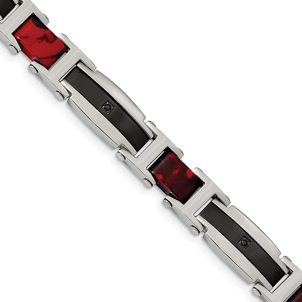 Stainless Steel Polished Black IP w/CZ & Sedimentary Rock 8.75in Bracelet