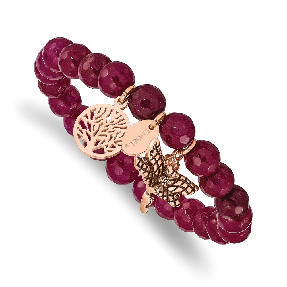 Stainless Steel Antiqued & Polished Rose IP Dragonfly Pink Dyed Jade Bracel