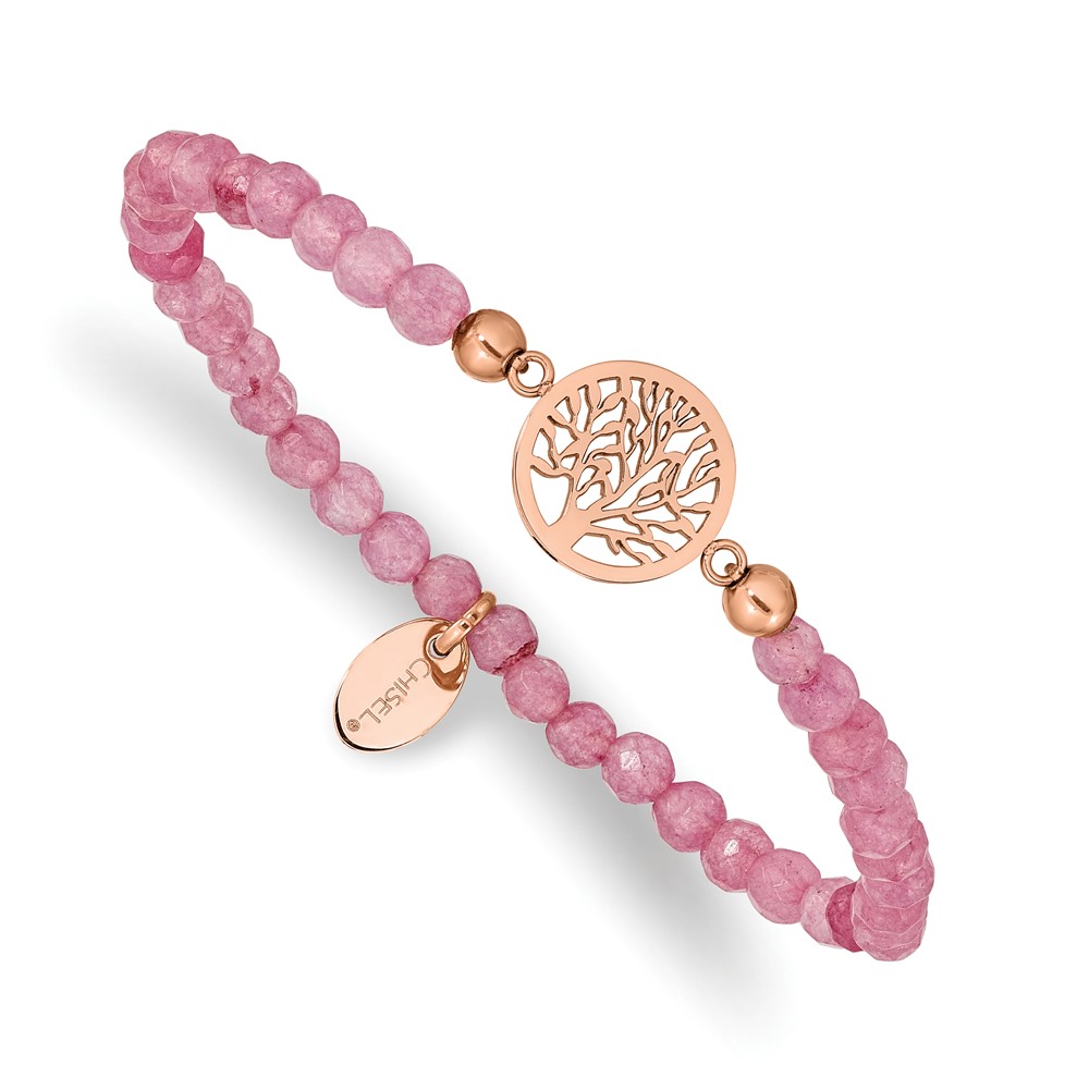 Stainless Steel Polished Rose IP Tree of Life Red Jade Stretch Bracelet