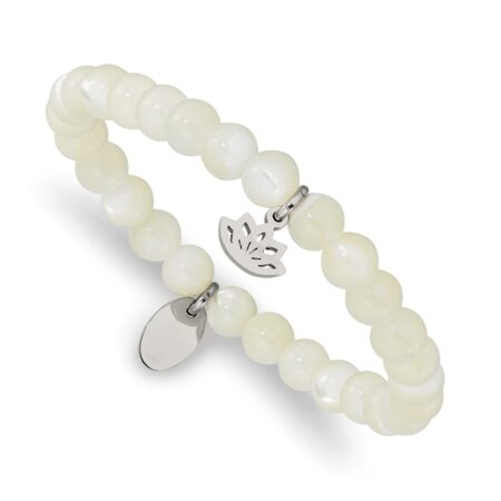 Stainless Steel Polished Lotus Mother of Pearl Beaded Stretch Bracelet