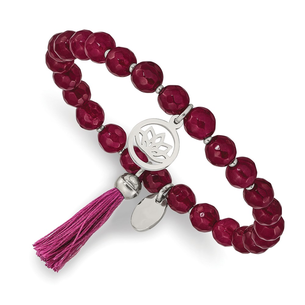 Stainless Steel Polished Lotus w/Tassel Pink Jade Beaded Stretch Bracelet