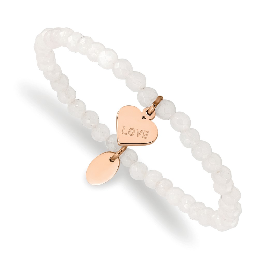 Stainless Steel Polished Rose IP-plated LOVE Heart Jade Stretch Bracelet