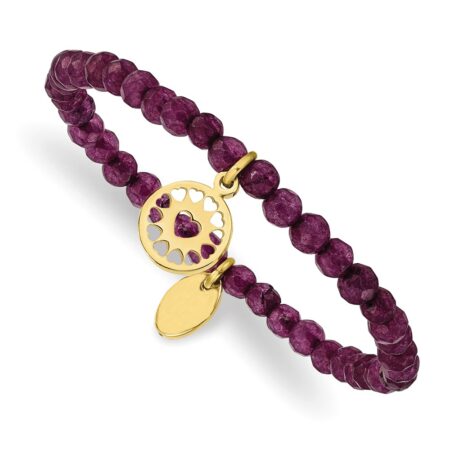 Stainless Steel Polished Yellow IP Heart Dark Purple Jade Stretch Bracelet