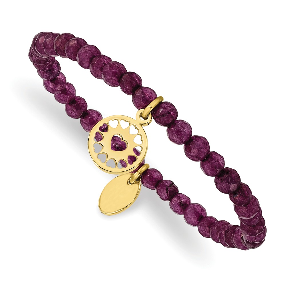 Stainless Steel Polished Yellow IP Heart Dark Purple Jade Stretch Bracelet