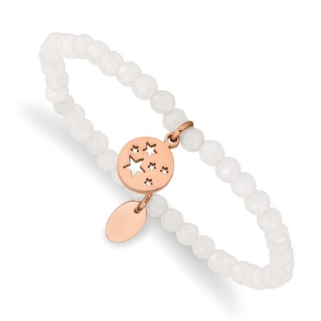 Stainless Steel Polished Rose IP Stars White Jade Beaded Stretch Bracelet