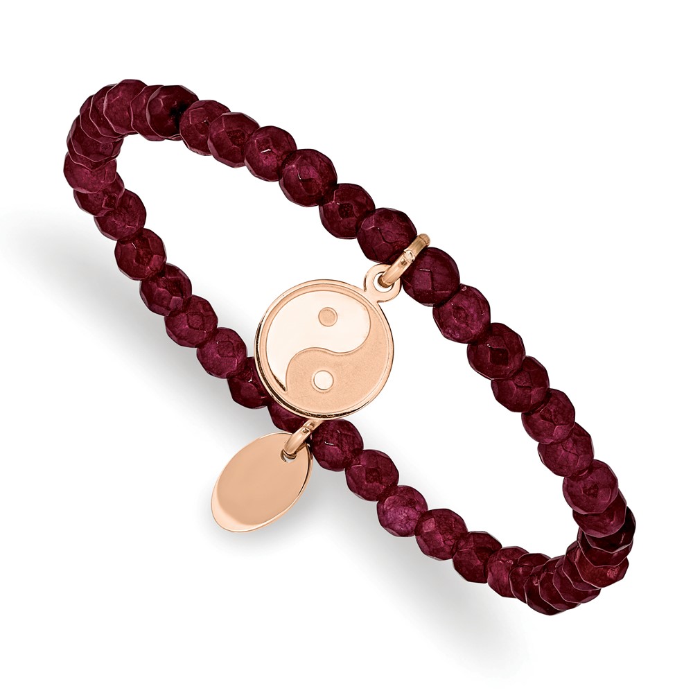 Stainless Steel Polished & Satin Rose IP YingYang Red Jade Stretch Bracelet