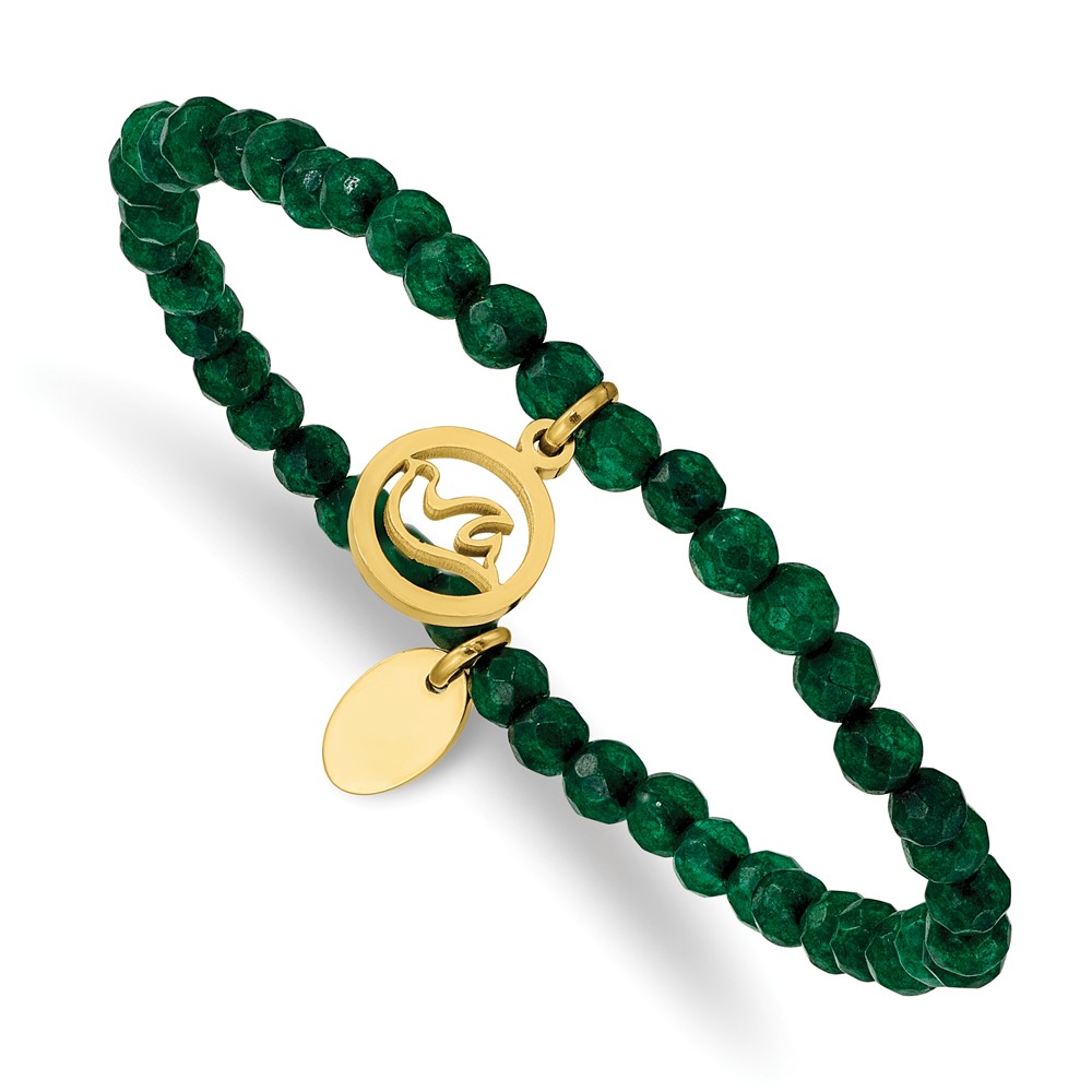 Stainless Steel Polished Yellow IP Dove Green Jade Beaded Stretch Bracelet