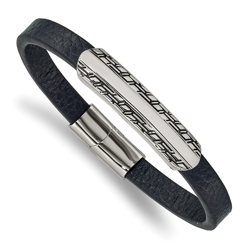 Stainless Steel Antiqued and Polished Navy Blue Leather 8.25in Bracelet