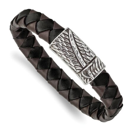 Stainless Steel Antiqued & Polished Black/Brown Leather Sword 8.5in Bracele